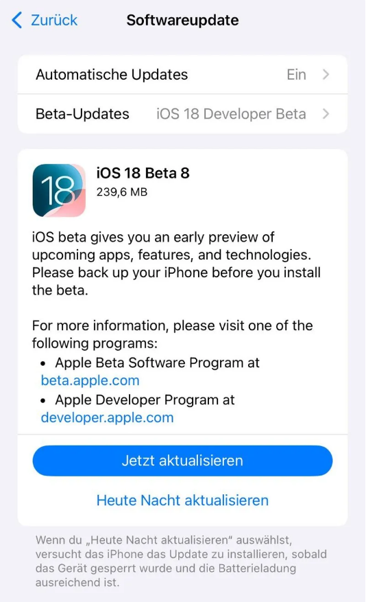 漠河苹果手机维修分享苹果 iOS / iPadOS 18 开发者预览版 Beta 8 发布 